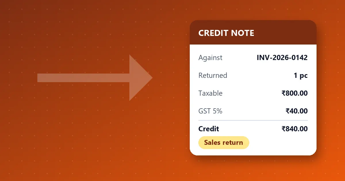 Illustration of a GST credit note issued against an original invoice for returned goods
