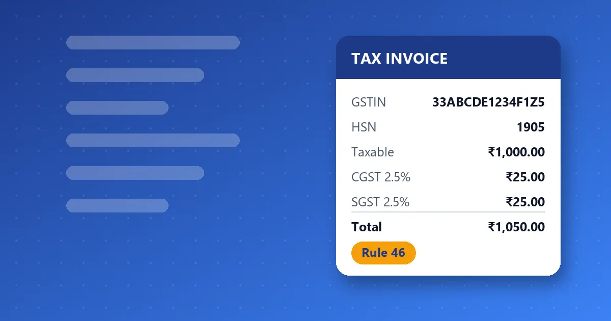 Illustration of a GST tax invoice showing GSTIN, HSN code, taxable value, CGST, SGST and total