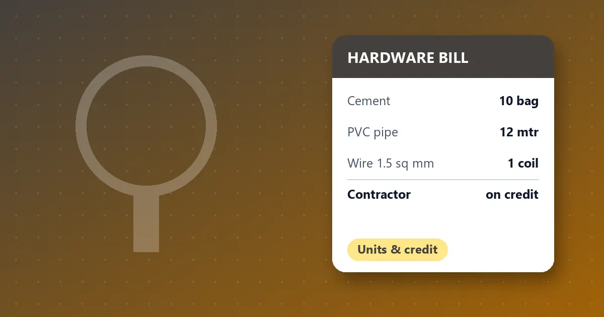 Illustration of a hardware shop bill with cement bags, PVC pipe by the metre and contractor credit