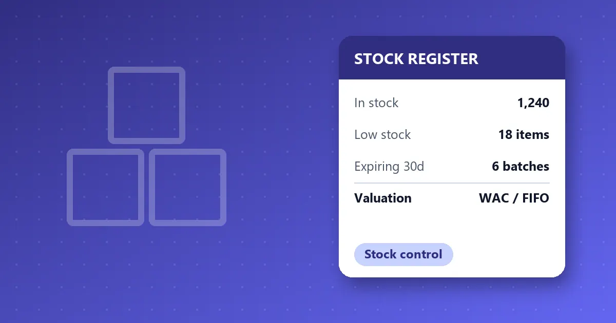 Illustration of a stock register showing items in stock, low stock, expiring batches and stock valuation