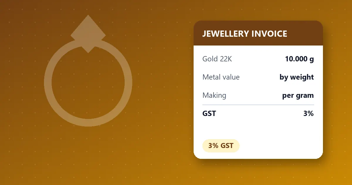 Illustration of a jewellery invoice showing gold weight, making charges per gram and 3 percent GST