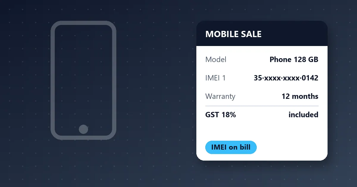 Illustration of a mobile phone sale bill showing the handset model, IMEI number and warranty