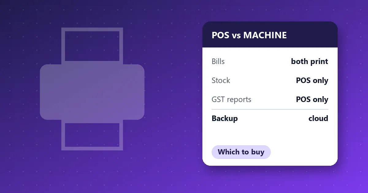Illustration comparing a standalone billing machine with POS software on GST reports, stock and backup