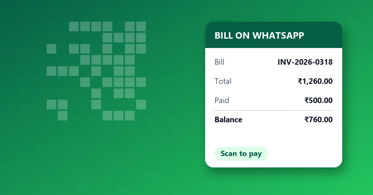 Illustration of a bill shared on WhatsApp with total, paid, balance and a scan-to-pay UPI QR code
