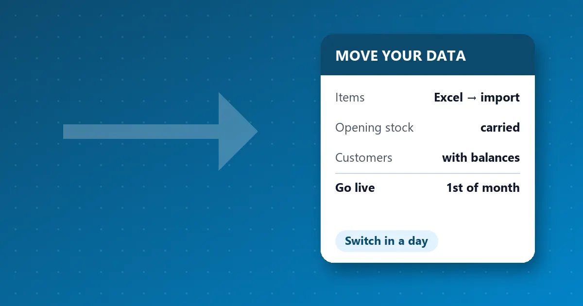 Illustration of moving items, opening stock and customer balances from Excel into billing software